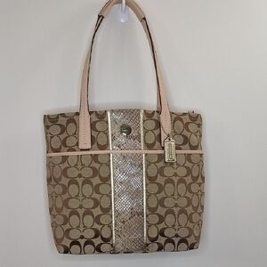 Coach Beige and Pale Pink Signature Tote with Snakeskin Trim